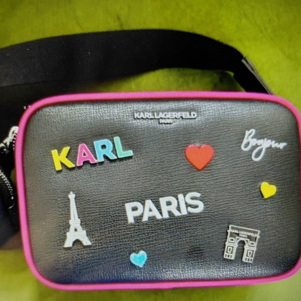 Karl Lagerfeld Black Bag with Pink Trim and Colorful Paris Motifs
